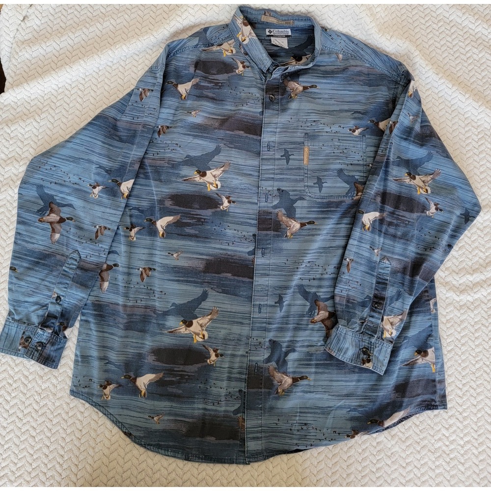 Columbia River Lodge Shirt Mens XXL Blue Mallard Duck Print Button Down Cotton